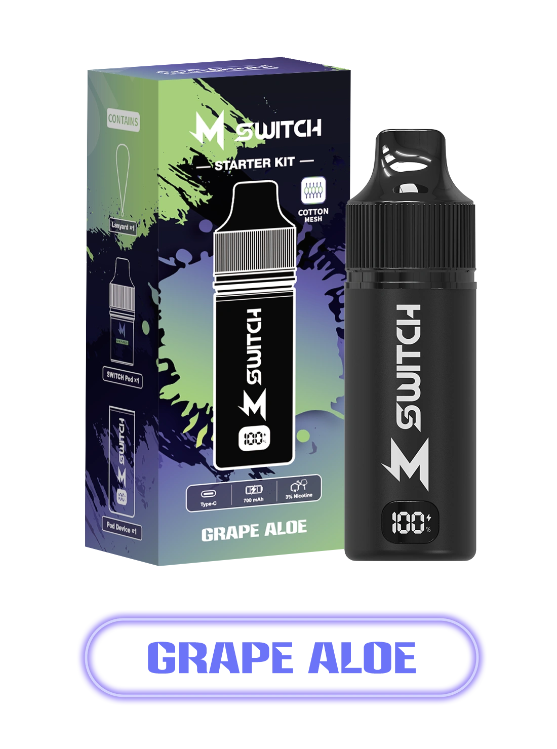 m switch with grape aloe flavored e-liquid