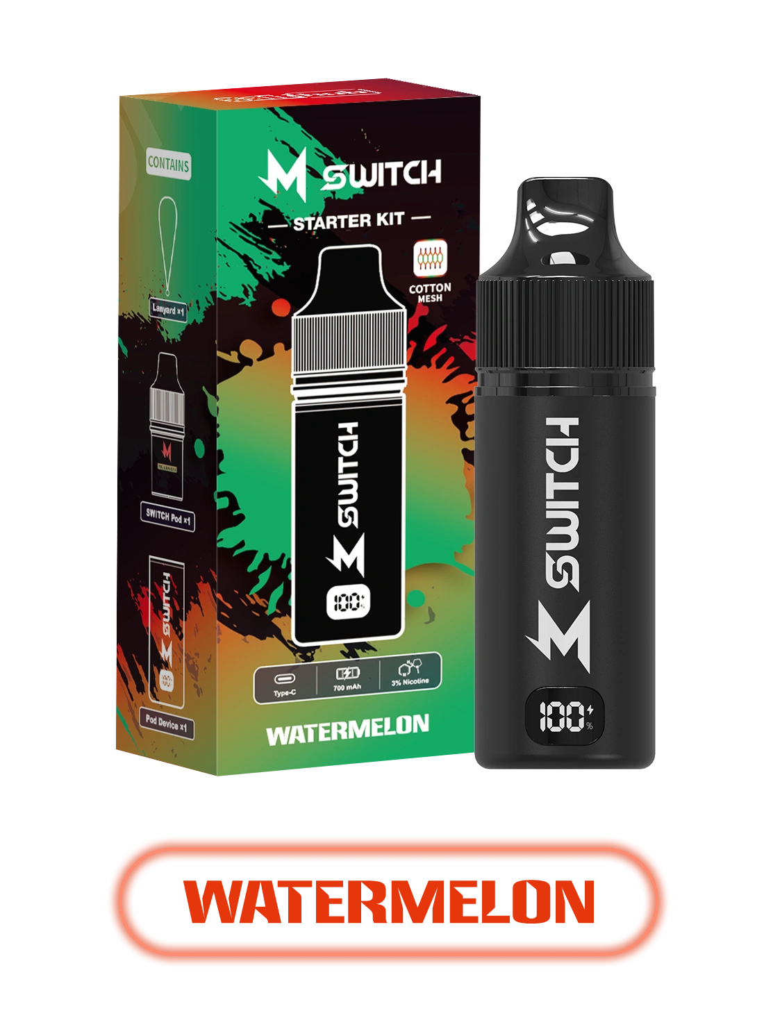 m switch with watermelon flavored e-liquid