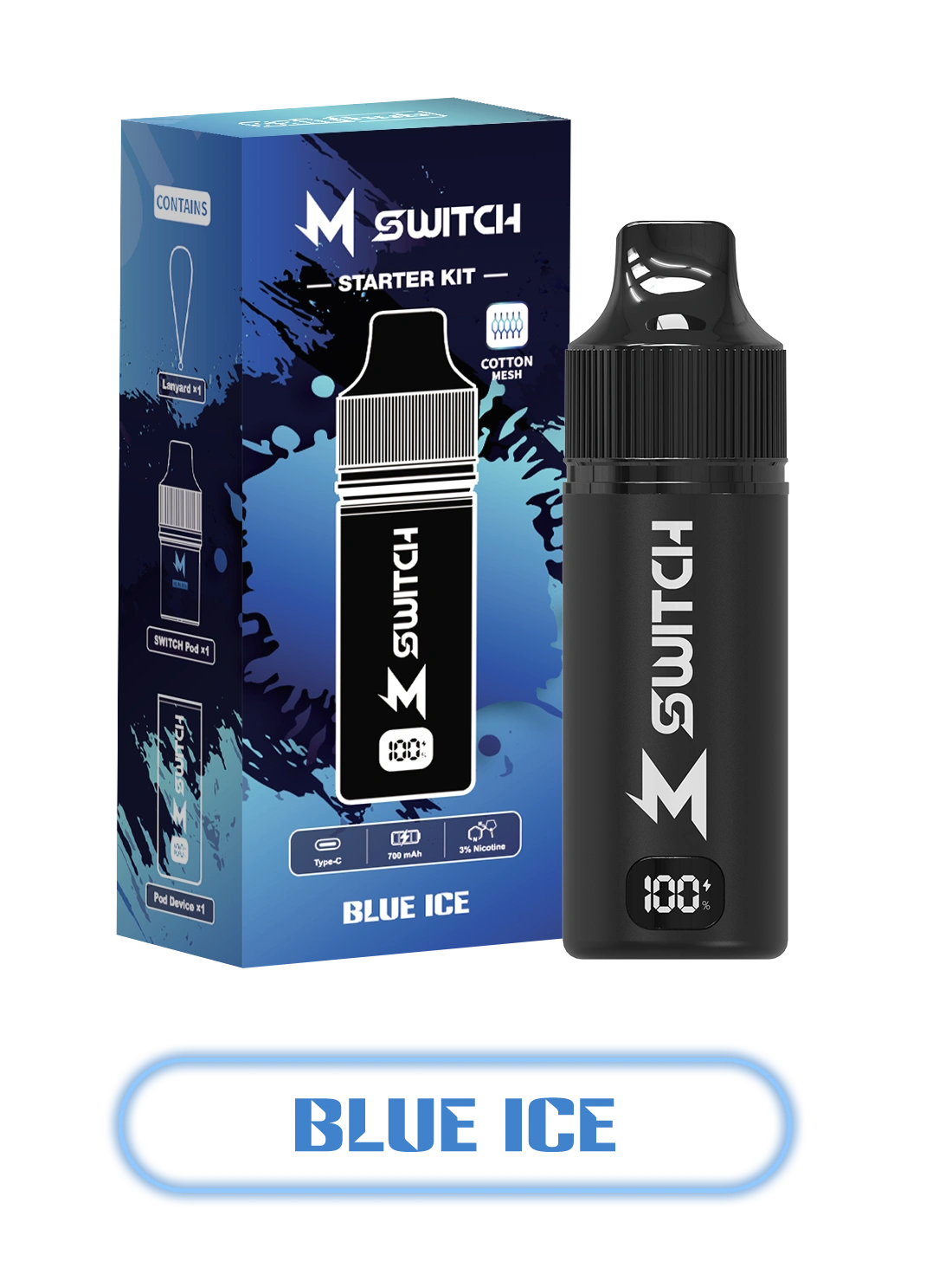 m switch with blue ice flavored e-liquid