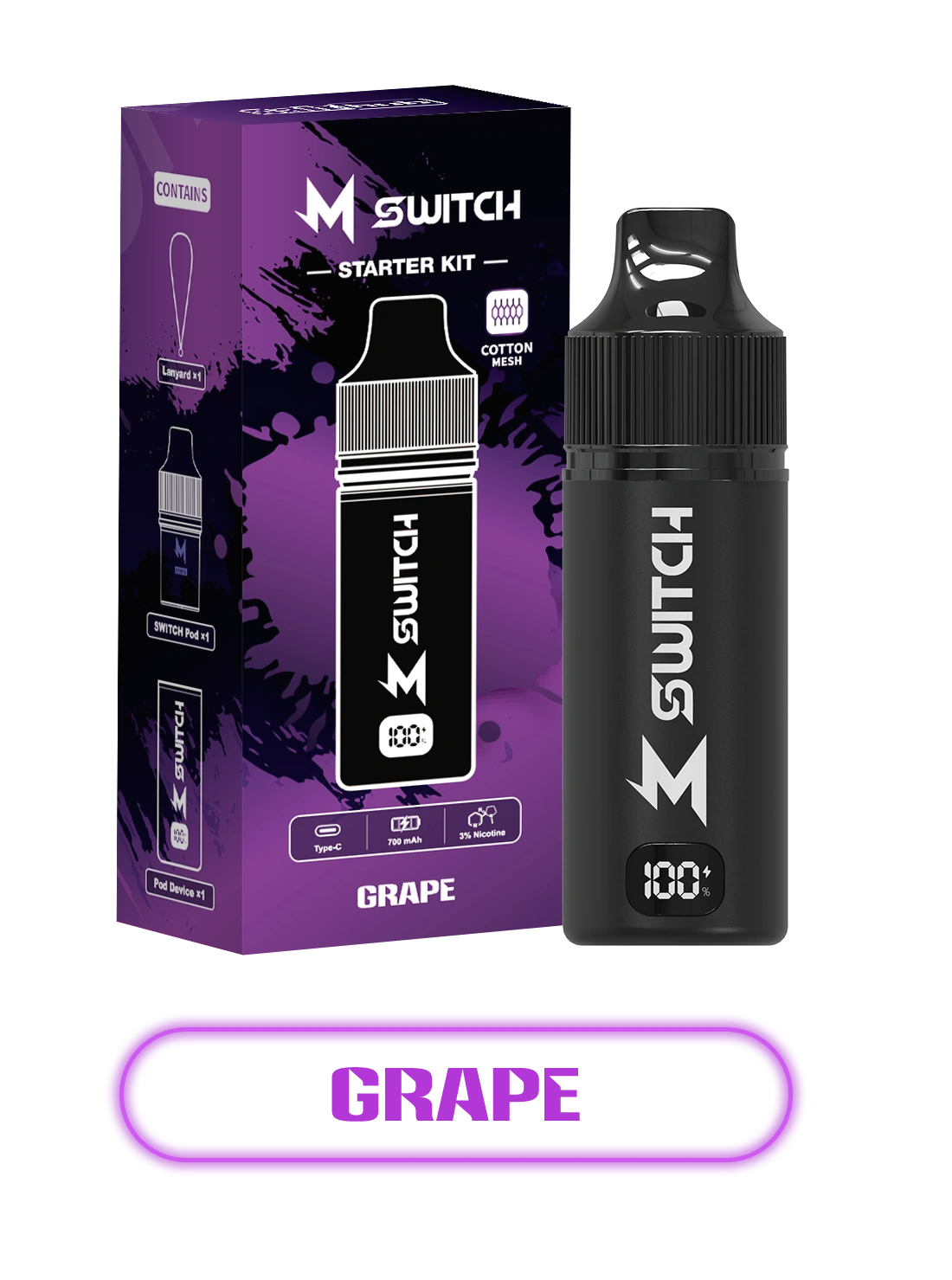 m switch with grape flavored e-liquid
