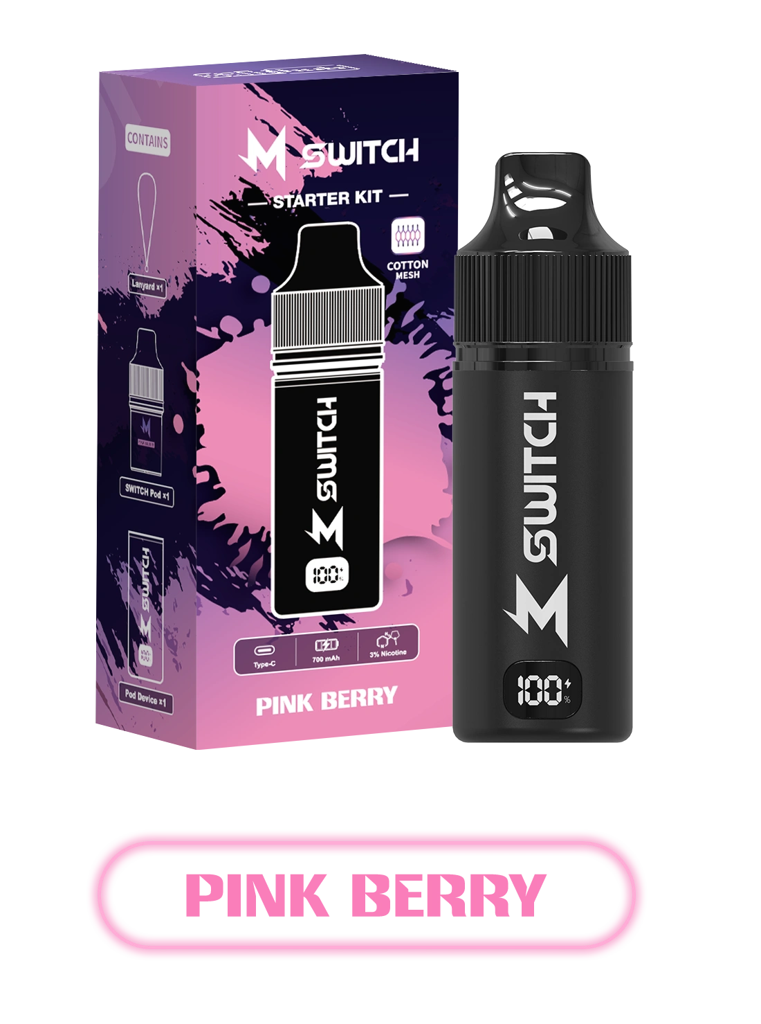 m switch with pink berry flavored e-liquid